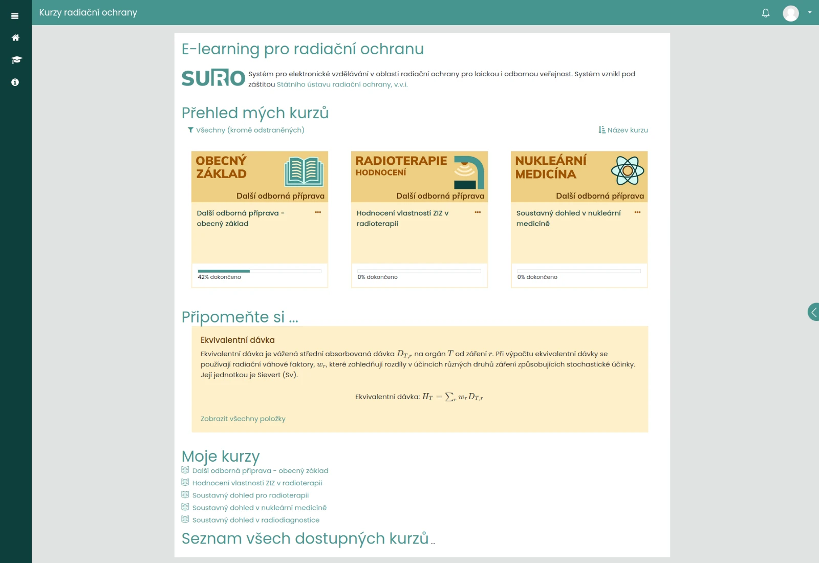 Přehledné prostředí platformy s kurzy. Kurzy radiační ochrany - prostředí platformy s kurzy.